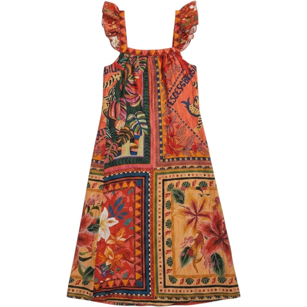 READ Farm Rio for Anthropologie Tropical Patchwork Cotton Ruffle Midi Dress Boho